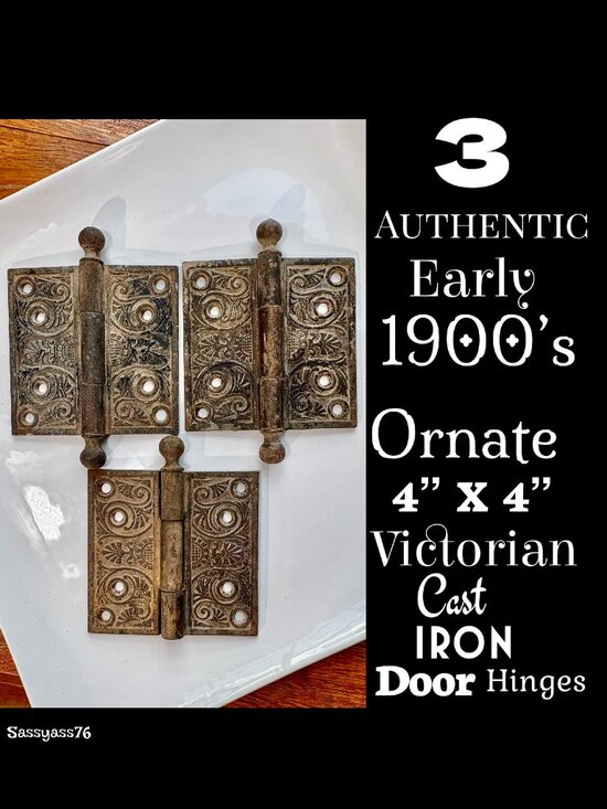 Vintage Other - 🆕ANTIQUE▪️Authentic Early 1900's Ornate 4"X4" Victorian Cast Iron Door Hinges